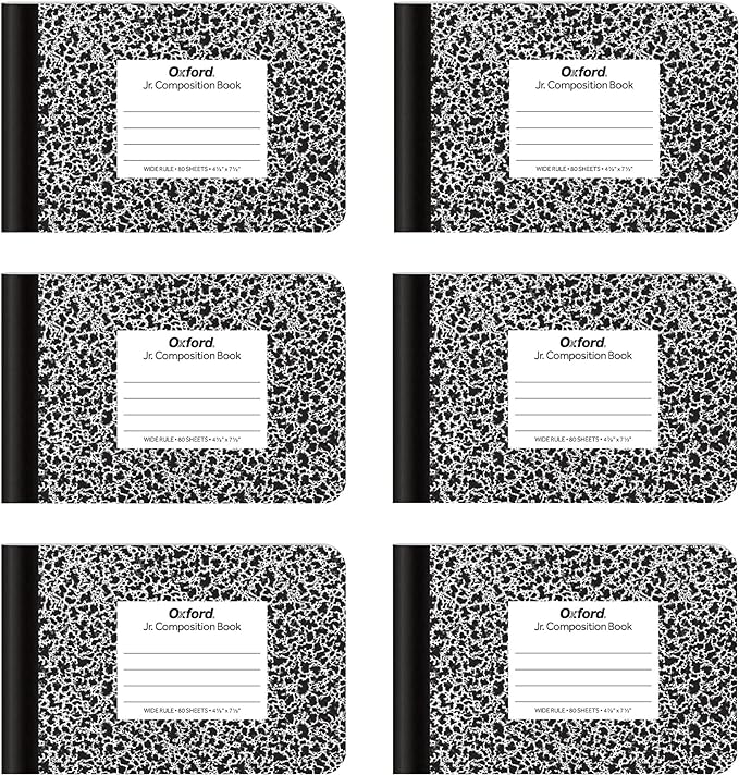 Oxford Jr. Composition Notebooks, School Supplies, Notebooks for School, Half Size, 4-7/8 x 7-1/2 Inches, Wide Ruled Paper, 80 Sheets, Kids Journal, Black Marble Covers, 6 Pack (63773)