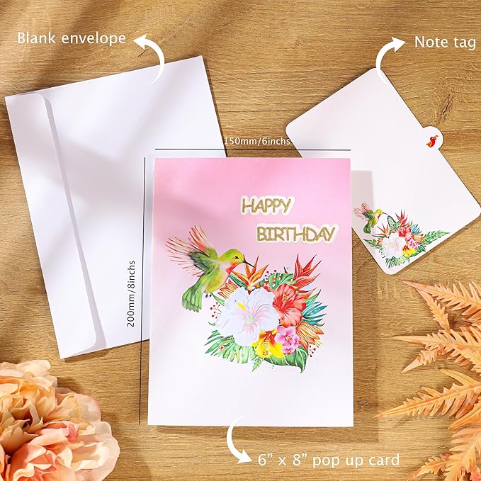 Hummingbird Pop Up Birthday Cards for Women, Beautiful Hummingbird on Flowers, Elegant, Floral 3D Happy Birthday Greeting Cards, Ideal Gift for Mom, Sister, Her, Grandma, Aunt, Daughter, Stepmother