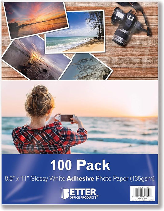 Better Office Products Self-Adhesive Photo Paper, Sticky Photo Paper, Glossy, 8.5 x 11 Inch, 100 Sheets, 135 gsm, Letter Size, 100 Count Pack