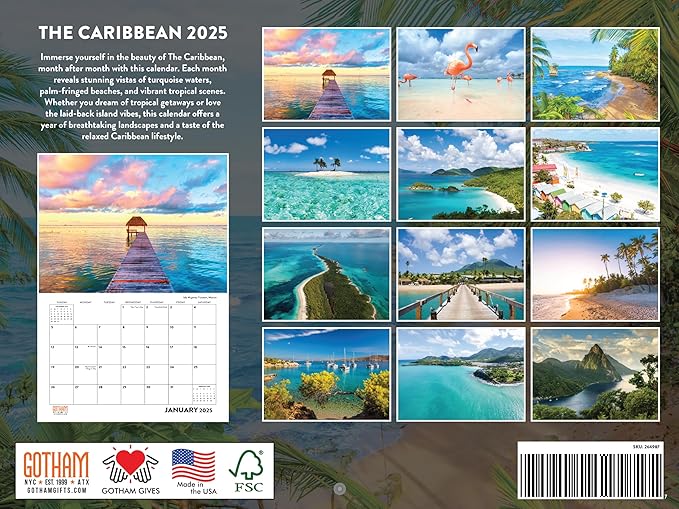 Caribbean Tropical Island Calendar 2025 Monthly Wall Calender 12 Month | American Made In The USA
