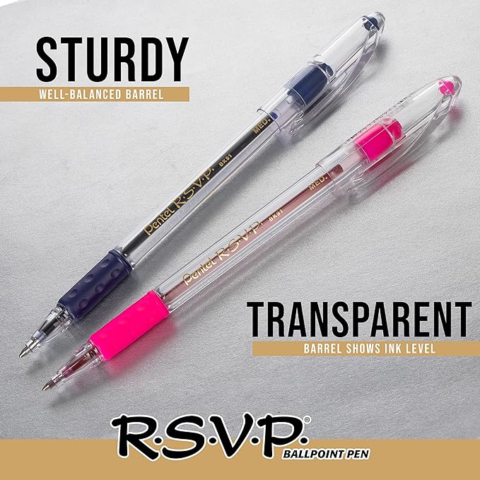 Pentel(R R.S.V.P.(R) Ballpoint Pens, 1.0 mm, Medium Point, Clear Barrel, Black Ink, Pack of 24, BK91-A