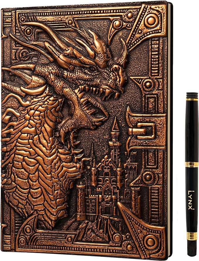 DND Notebook / Journal, Unique 200 Page Book with 3D Bronze Dragon Embossed Faux Leather Cover with Pen- Ideal for Dungeons & Dragons / D&D. Great RPG Accessories Gift for DM's & Players, Men or Women