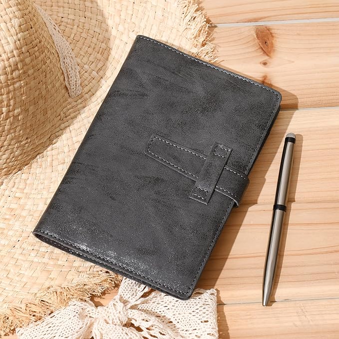 Wonderpool Leather Journal Refillable Binder A5 Writing Notebook Folder Organiser with Dotted Paper & Multi Pockets Cover for Business School Travel (A6, Black)