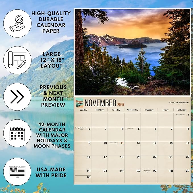 National Parks Calendar 2025 | 12" x 18" (Opened) 2025 for Easy Appointment Tracking & Scheduling | Home & Office Organization | Stunning Nature Photography of Iconic National Parks | Ideal for Outdoor Enthusiasts | 2025 Calendar Wall