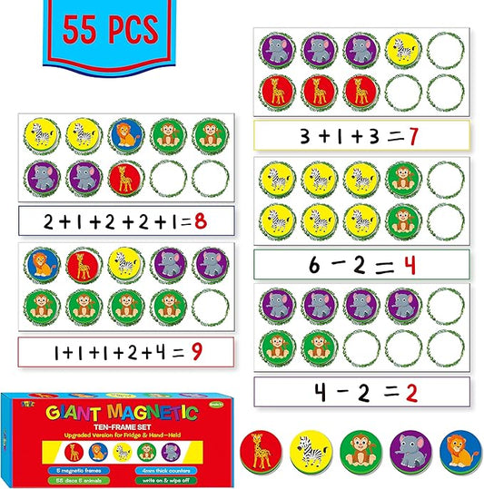 Magnetic Ten-Frame Set, 5 Frames & 55 Colorful Counters Ten Frame Math Games Jungle Themed Math Manipulative Counting Toys for Kindergarten Preschool, 5 Colors & 5 Animals (Fridge & Hand-held)