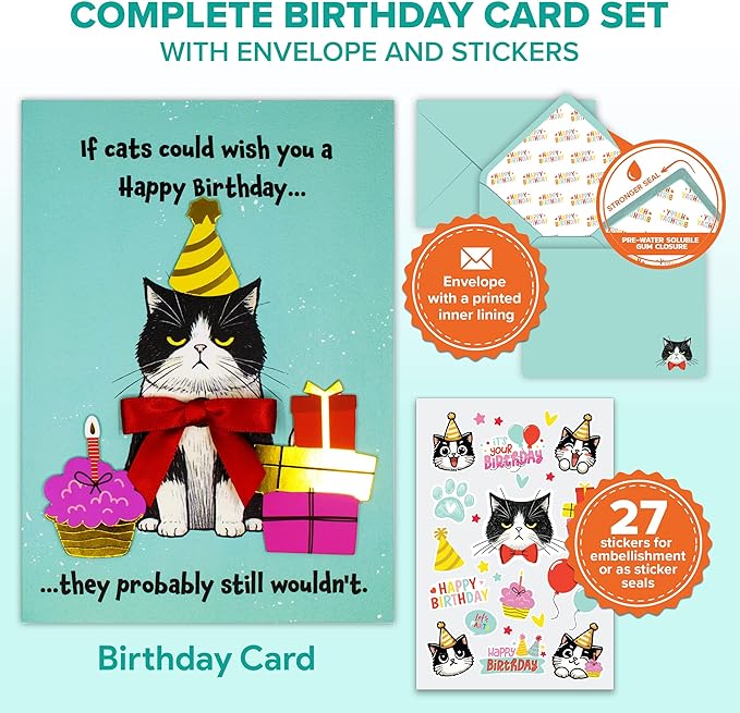 Decorably Gold-Foiled 5x7in Individual Funny Cat Birthday Card with Birthday-Themed Cutouts and Ribbon, Textured Cat Card Set with Envelope and Stickers, with Printed Message Inside