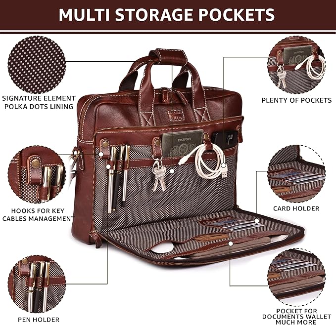 LEATHER VILLAGE 16" Leather Laptop Messenger Briefcase Bag for Men-Leather Satchel for Travel and Office Shoulder Bag-Red Brown
