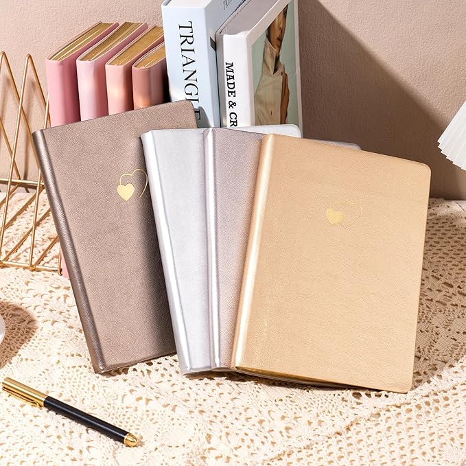 CAGIE 4 Pack Lined Journal Notebook for Women and Girls 256 Pages Cute Diary with Heart-Shaped Leather Journals for Writing A5 Soft Cover Notebooks for Work School (Silver, A5)