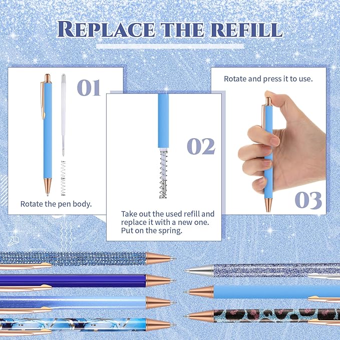 Sherr 7 Pcs Fancy Pens for Women Cute Sparkly Glitter Pens with 10 Pcs Black Ink Refills Pretty Gifts for Girls Office School Christmas Graduation(Dark Blue,Adorable)