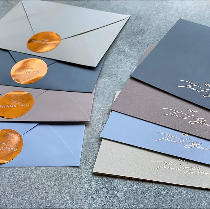 RUN2PRINT Thank You Cards, 36 Pieces, Dusty Blue Color, Peel & Seal Envelopes, Self-Sealing Adhesive, Matching Stickers Included