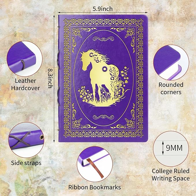 Purple A5 Horse Gifts for Women Girls Faux Leather Vintage Notebook Inspirational Horse Trainer Gift Hardcover Executive Notebook,200 Pages 120 Gsm Thick Ruled Paper With Pen,Horse Lover Gifts Equestrian Gift (Horse Purple)