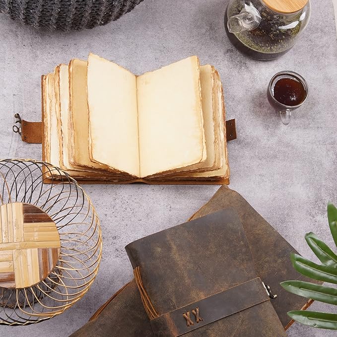 LEATHER VILLAGE Leather Bound Vintage Journal for Women & Men - Book of Shadows - Lock Closure - 200 Pages of Antique Deckle Edges Handmade Paper - Rustic Brown Color - 7 X 5 inches