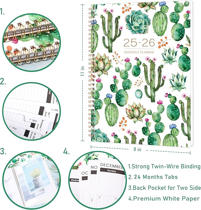 2025-2026 Monthly Planner/Calendar - Monthly Planner 2025-2026, Jan. 2025 - Dec. 2026, 9" x 11", 2025 Planner Monthly with Tabs & Note Pages, Spiral Binding, Thick Paper, Back Pocket