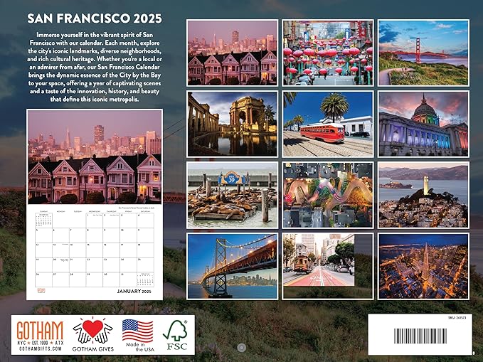 San Francisco Calendar 2025 Monthly Wall Calender 12 Month | American Made In The USA