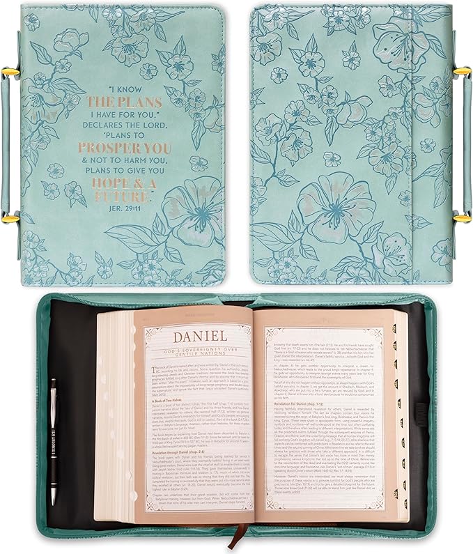 Christian Art Gifts Faux Leather Fashion Bible Cover: I Know The Plans I Have for You - Jeremiah 29:11 Inspirational Bible Verse, Debossed Floral Teal Design, Medium