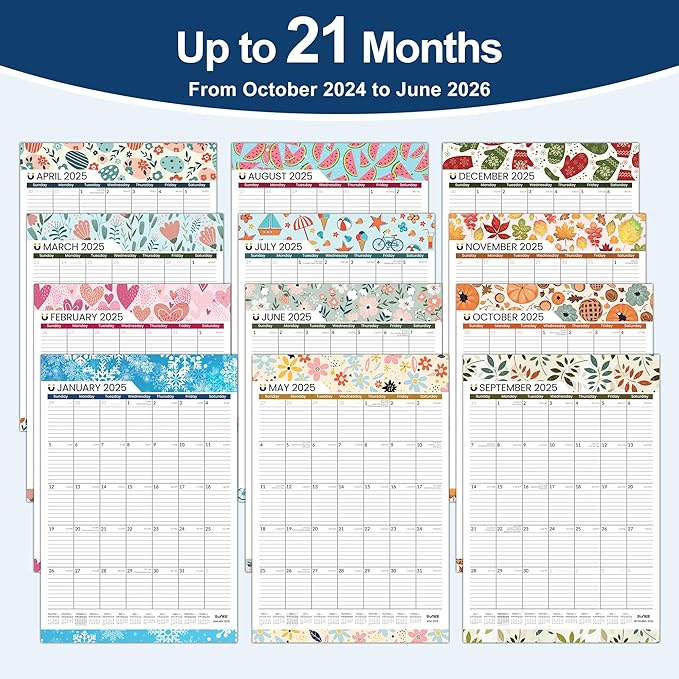 SUNEE 2025 Wall Calendar Large 22.75"x15.5" with Lines, 21 Month Calendar from Now to June 2026, Vertical Extra Large Monthly Calendar 2025 for Wall, Seasons Color