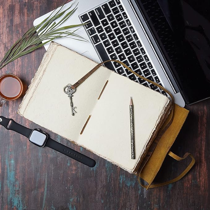 LEATHER VILLAGE Vintage Leather Journal – 200 Handmade Vintage Deckle Edge Paper – Leather bound Journal For Women Men – Vintage Key Closure - Book of Shadows - Turquoise - 10X7 inches