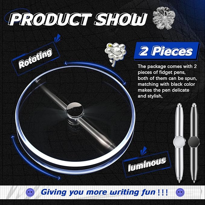 Chinco 2 Pieces Fidget Spinning Pen with LED Light Multi Functional Help Thinking Ballpoint Gift Pen for Adults Students Teenage(Gray, Silver)