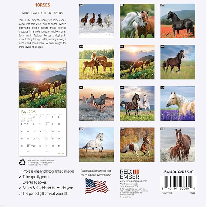 RED EMBER Horses 2025 Wall Calendar 12 Month | 12" x 24" Open | Thick & Sturdy Paper | Giftable | Calendar 2025