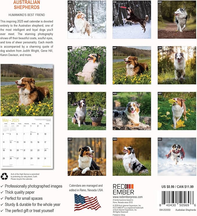 RED EMBER Australian Shepherds Mini 2025 Wall Calendar 12 Month | 7" x 14" Open | Thick & Sturdy Paper | Giftable | Calendar 2025