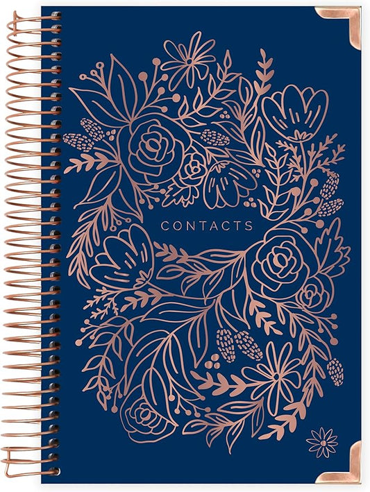 bloom daily planners Hardcover Contacts Address & Password Book - Alphabetical Organizer with Tabs - 6" x 8.25" - Navy Embroidery