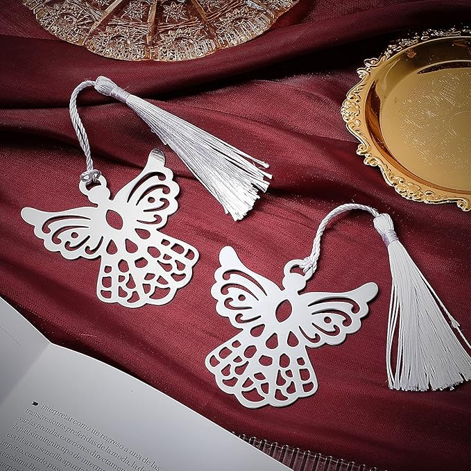 Chinco Metal Angel Bookmark Angel Charm Party Favors with Silky Tassels Angel Bookmark Bulk for Funeral Christmas Wedding Party Gift Book Lovers(40 Pieces)