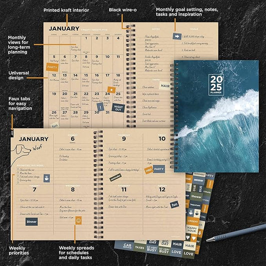 TF PUBLISHING 2025 Big Wave Medium Weekly Monthly Planner Case of 32 - Goals & Task Trackers - Planner Monthly and Weekly with Organizer Stickers - 12 Month Calendar Planner - 6.5" x 8"