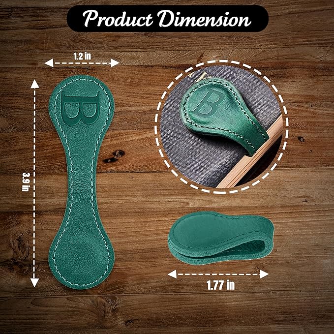 Personalized Leather Magnetic Bookmarks (1 Pack) Vintage Custom Engraved Initial ID Identification Book Marker Clip Gift for Book Lover Avid Readers (Letter B, Green)