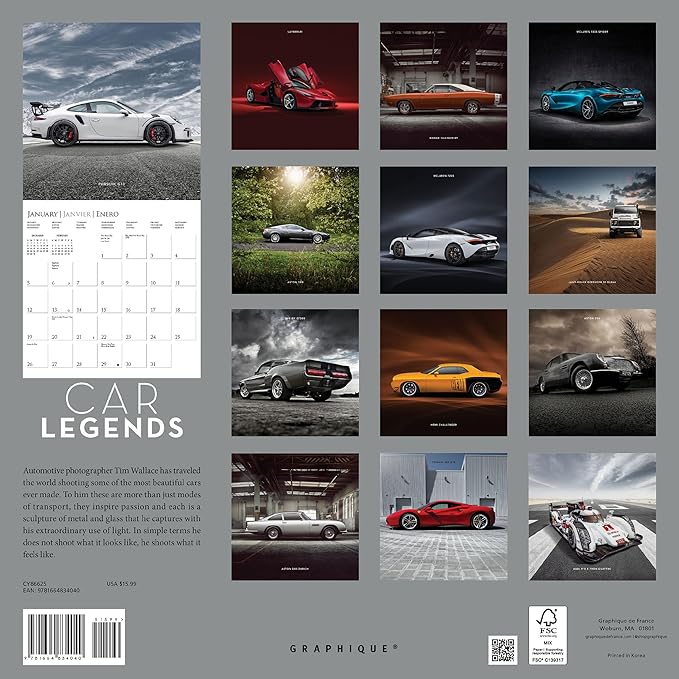 Graphique 2025 Car Legends Wall Calendar | 12” x 12” | Thick Paper | Home & Office Organizer | Large Monthly Grid | 3 Languages & Marked Holidays | 4 Month Preview Page for 2026