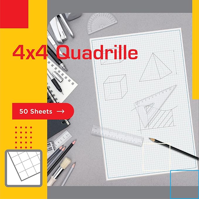 Graph Paper Pad, 17" x 11", 50 Sheets, Blue Line Border, Blueprint Paper, Double Sided, White, 4x4 Blue Quad Rule, Easy Tear Sheets, Grid Paper, Graph Paper by Better Office Products