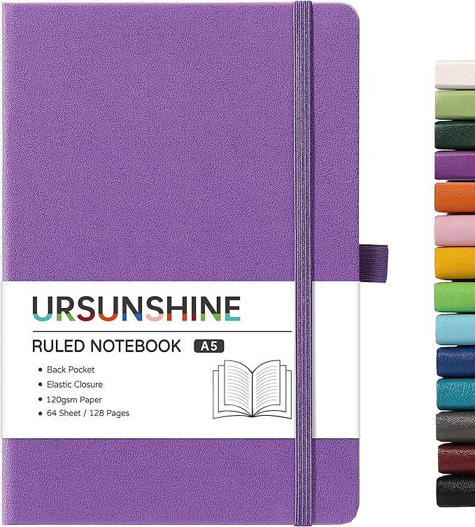 Ruled Notebook/Journal - Classic Lined Journal/Notebook, 5.3'' x 8.26'', Hardcover with Thick Paper, Banded + Pen Holder +Inner Pocket - Purple