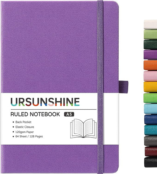 Ruled Notebook/Journal - Classic Lined Journal/Notebook, 5.3'' x 8.26'', Hardcover with Thick Paper, Banded + Pen Holder +Inner Pocket - Purple