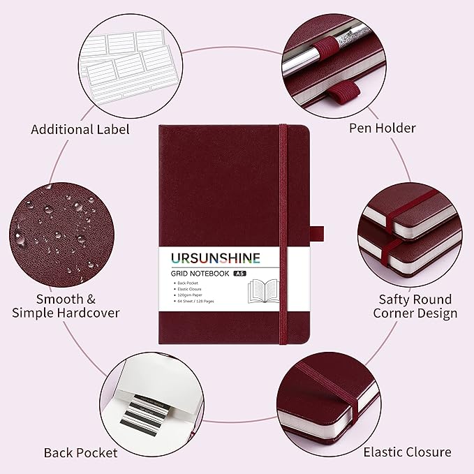 Graph Grid Paper Notebook/Journal - Classic Journal/Notebook with Ribbon Divider, Hardcover with Thick Paper, 5.3" x 8.26", Banded + Pen Holder +Inner Pocket - Burgundy