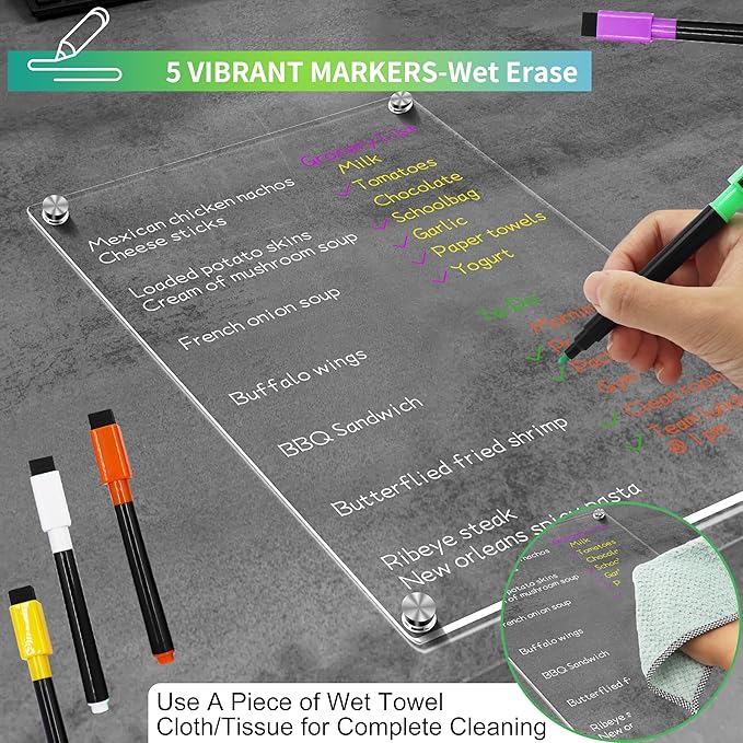 Acrylic Magnetic Dry Erase Board for Fridge 12"x8" Small Magnetic Acrylic Whiteboard for Refrigerator Clear Board Magnet White Board for Fridge Wall