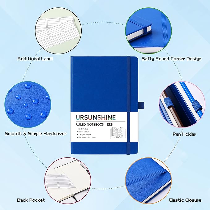 Ruled Notebook/Journal - Classic Lined Journal/Notebook, Hardcover with Thick Paper, 5.3" x 8.26", Banded + Pen Holder +Inner Pocket - Deep Blue