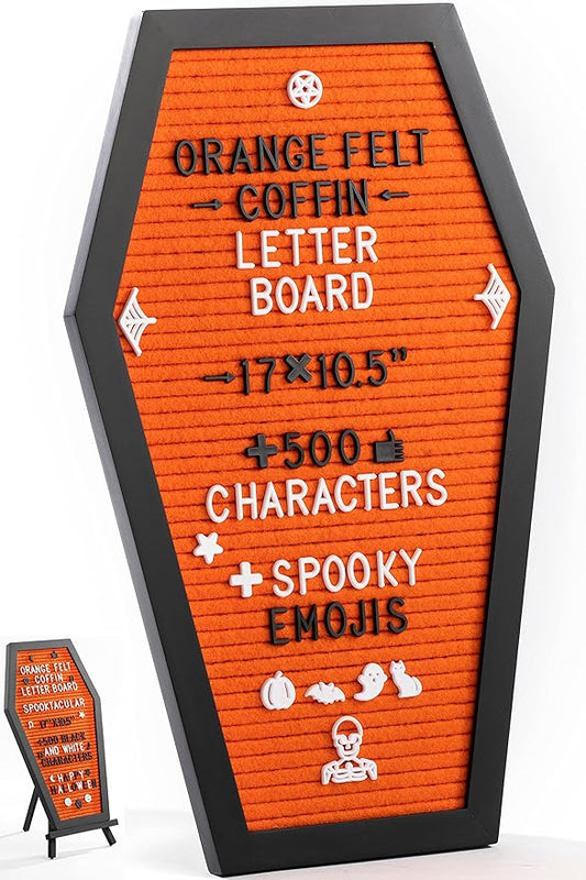 Coffin Letter Board Orange With Spooky Emojis +500 Characters, and Wooden Stand - 17x10.5 Inches - Gothic Halloween Decor Spooky Gifts Decorations