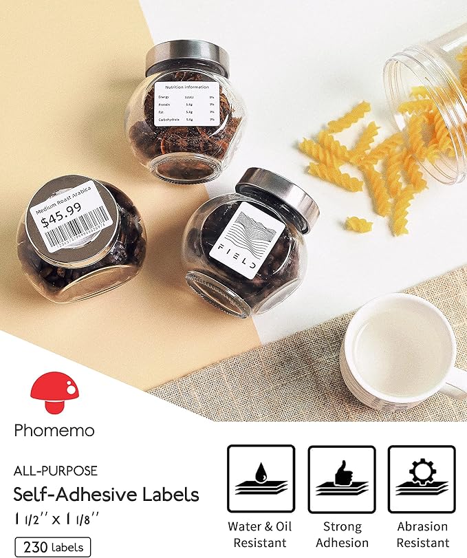 Phomemo Original [6x230 pcs] Labels Square Series, 1.57''x1.18'' (40x30mm) M110 M100 M220 M22 M12 M200 Labels, White, 230 Labels/Roll, 6 Rolls, Multi-Purpose Adhesive Thermal Phomemo Labels