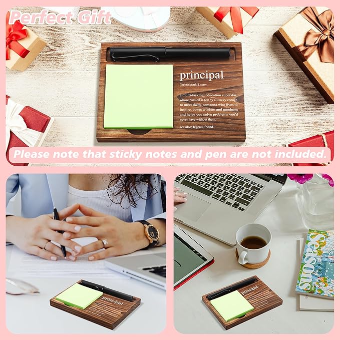 Principal Sticky Note Holder Wooden Notepad & Pen Holder 6.5" x 4.7" Sticky Note Pad Holder Dispenser for Desk Principal Definition Work Gifts, NPA186