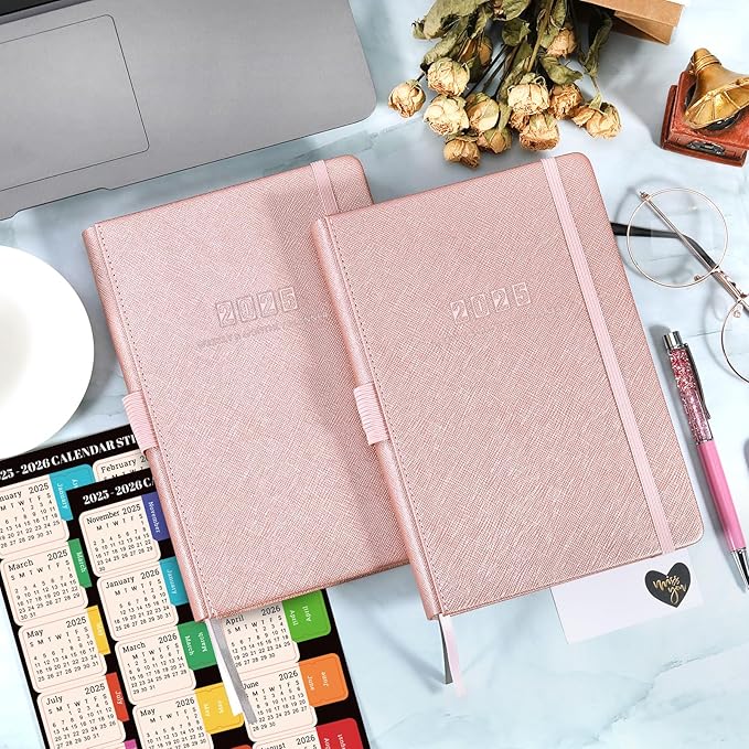 2025 Planner - 2025 Planner Weekly and Monthly, 5.75" x 8.25", Jan. 2025 - Dec. 2025, Saffiano Leather with Thick Paper, Back Pocket with 40 Notes Pages - Rose Gold