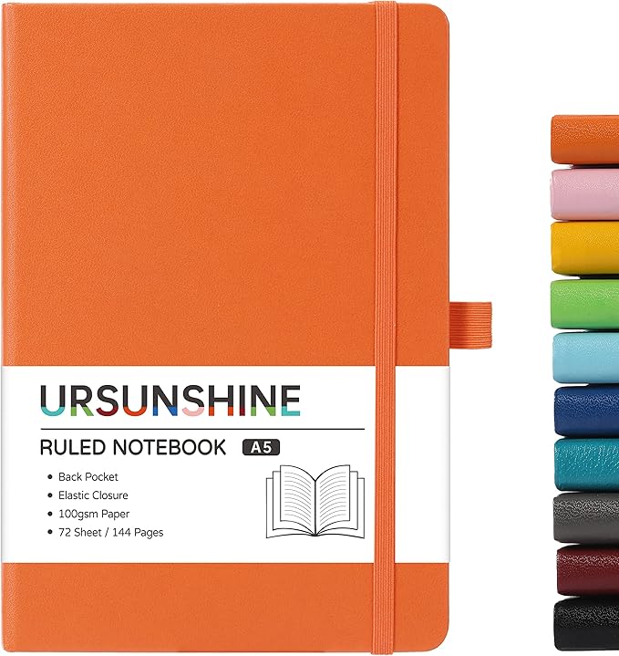 Ruled Notebook/Journal - Classic Lined Journal/Notebook, Hardcover with Thick Paper, 5.7" x 8.4", Banded + Pen Holder +Inner Pocket - Orange