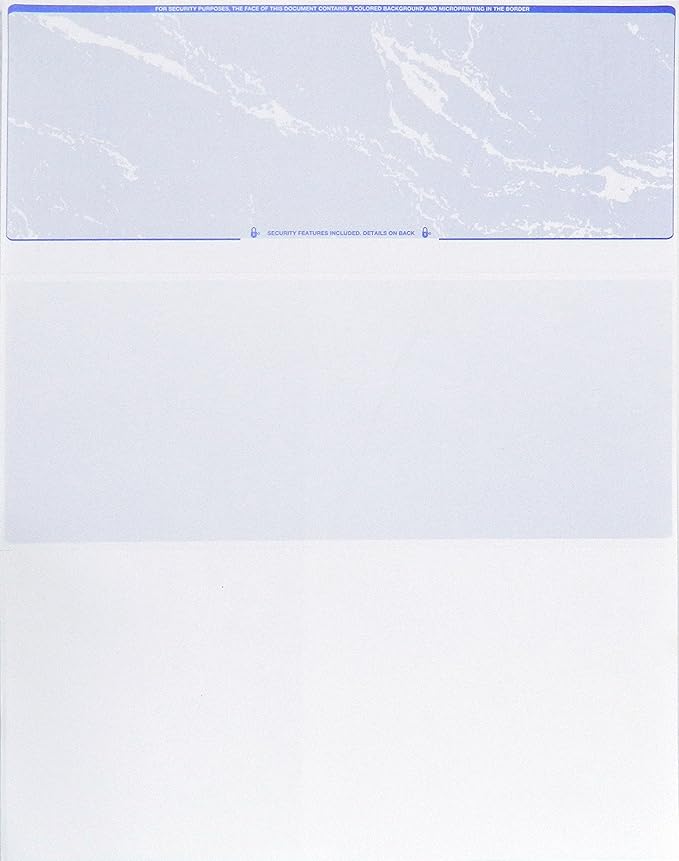 CheckOMatic Computer Check Paper - 100 Pack - Top Blank Stock Checks - Security Features & Laser Printer Compatible - Blue Marble