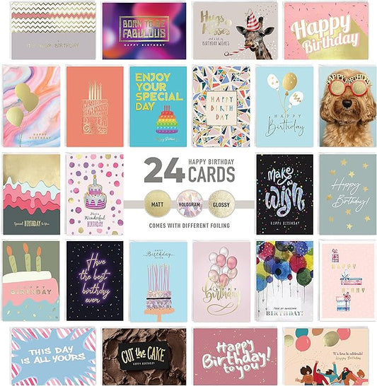easykart labels 24 Unique Birthday Cards Assortment with Greetings Inside. For Businesses and Individuals, 4X5.5 Inch Assorted Foiling Cards with Envelope with Sealing Stickers