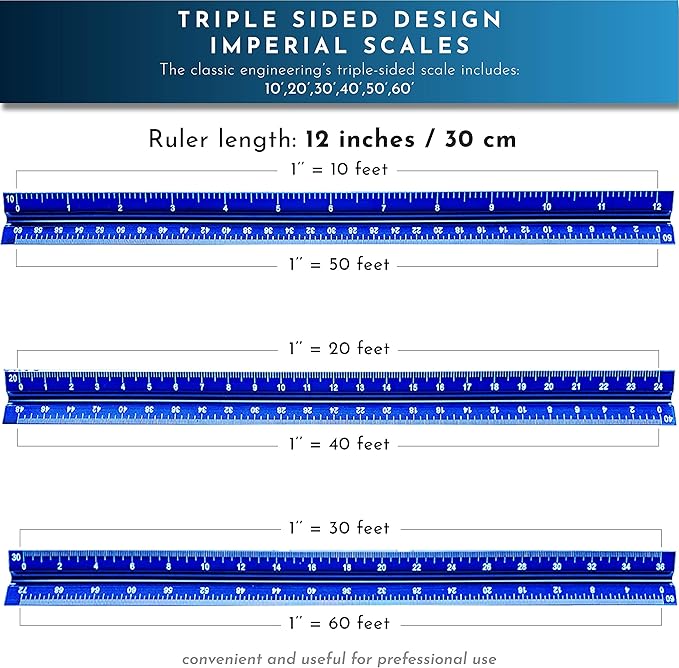12-Inch Architectural and Engineering Scale Ruler Set (Imperial) | Laser-Etched Aluminum Triangular Drafting Tool | for Architect and Civil Engineer Blueprints | Standard Metal Ruler Included