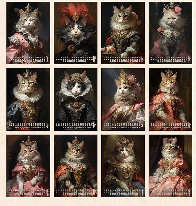 2025 Wall Calendar [12 pages 8"x12"] Queen Cats as Elegant Royal with Gorgeous Victorian Dresses Vintage Book Illustration Poster