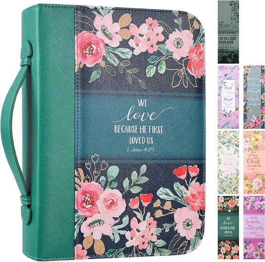 Bible Cover Case for Women with 7 Beautiful Paper Bookmarks Floral PU Leather Bible Cover Bag with Pockets and Zipper for Standard and Large Size Study Bible 10.8"x7.8"x2" (Dark Green)