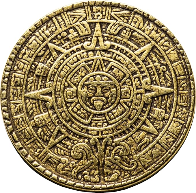 The Sun and Moon Worry Coin - Aztec Sun Stone Calendar and Moon