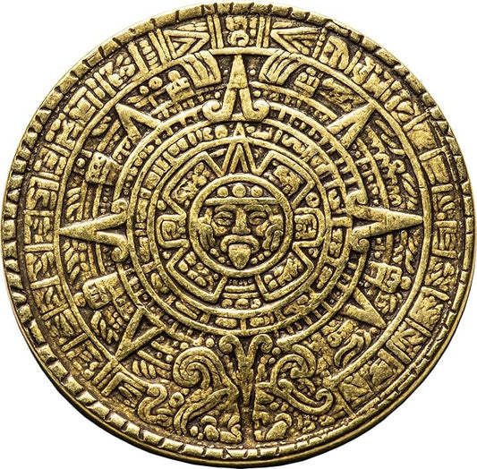 The Sun and Moon Worry Coin - Aztec Sun Stone Calendar and Moon