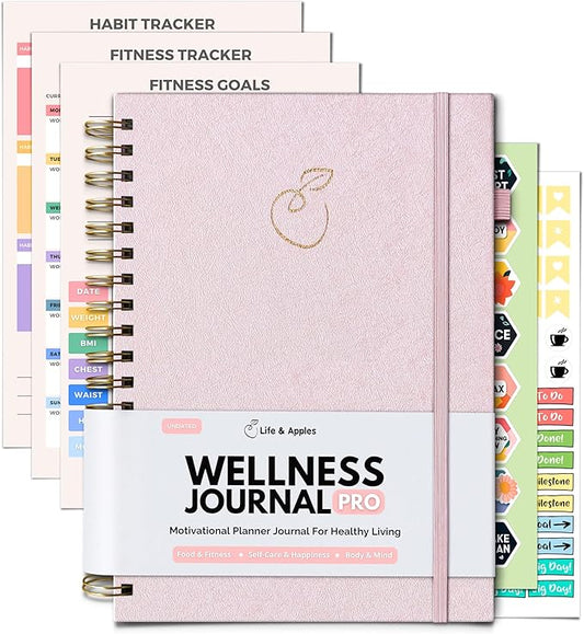 Life & Apples Wellness Planner Pro for Healthy Living - with Agenda, Food Journal, Gratitude, Fitness and Self-Care - Track Weight Loss Diet, Physical and Mental Health Goals - Undated, Rose Gold