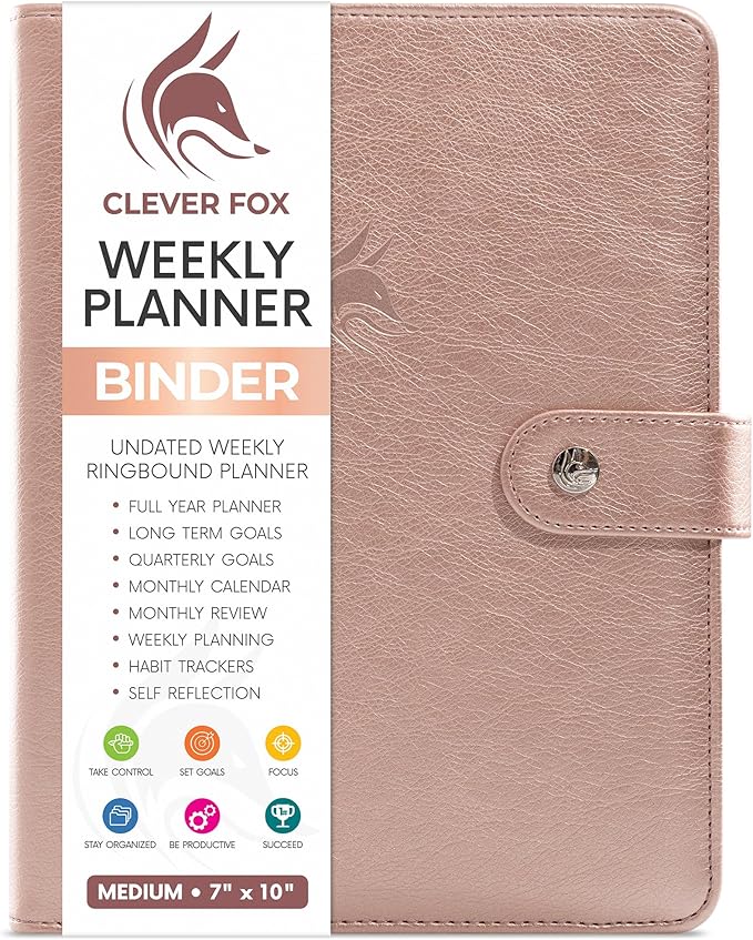 Clever Fox Weekly Planner Binder – Goal Setting Planner for Time Management & Weekly Tasks – Work & Life Organizer with to Do List & Habit Tracker – Undated, 7″ x 9″ Hardcover (Rose Gold)