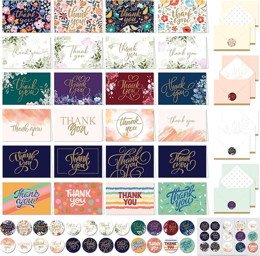 Decorably 24 Pack Glittery 6x4in Assorted Thank You Cards with Envelopes and Stickers, 24 Unique Beautiful Designs Thank You Card Assortment, Blank Inside - Wedding, Baby Shower, Birthday